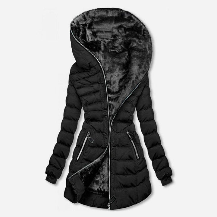 Winterjacke Damen Lang Gesteppt Fleecegefüttert Reißverschluss - Schwarz