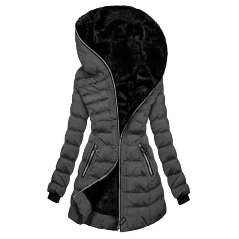 Winterjacke Damen Lang Gesteppt Fleecegefüttert Reißverschluss - Grau