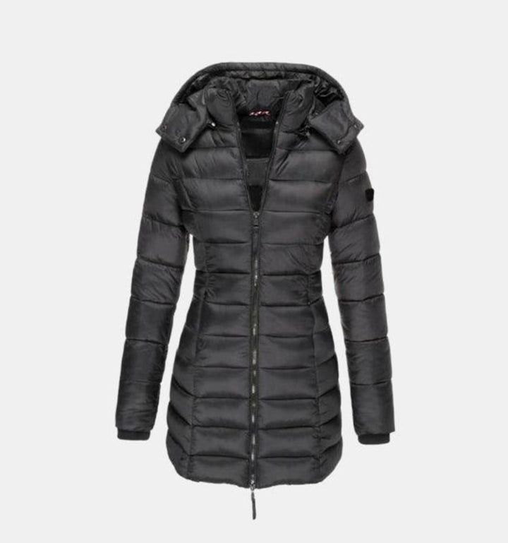 Winterjacke Damen Langer Gesteppter Mantel mit Kapuze - Schwarz