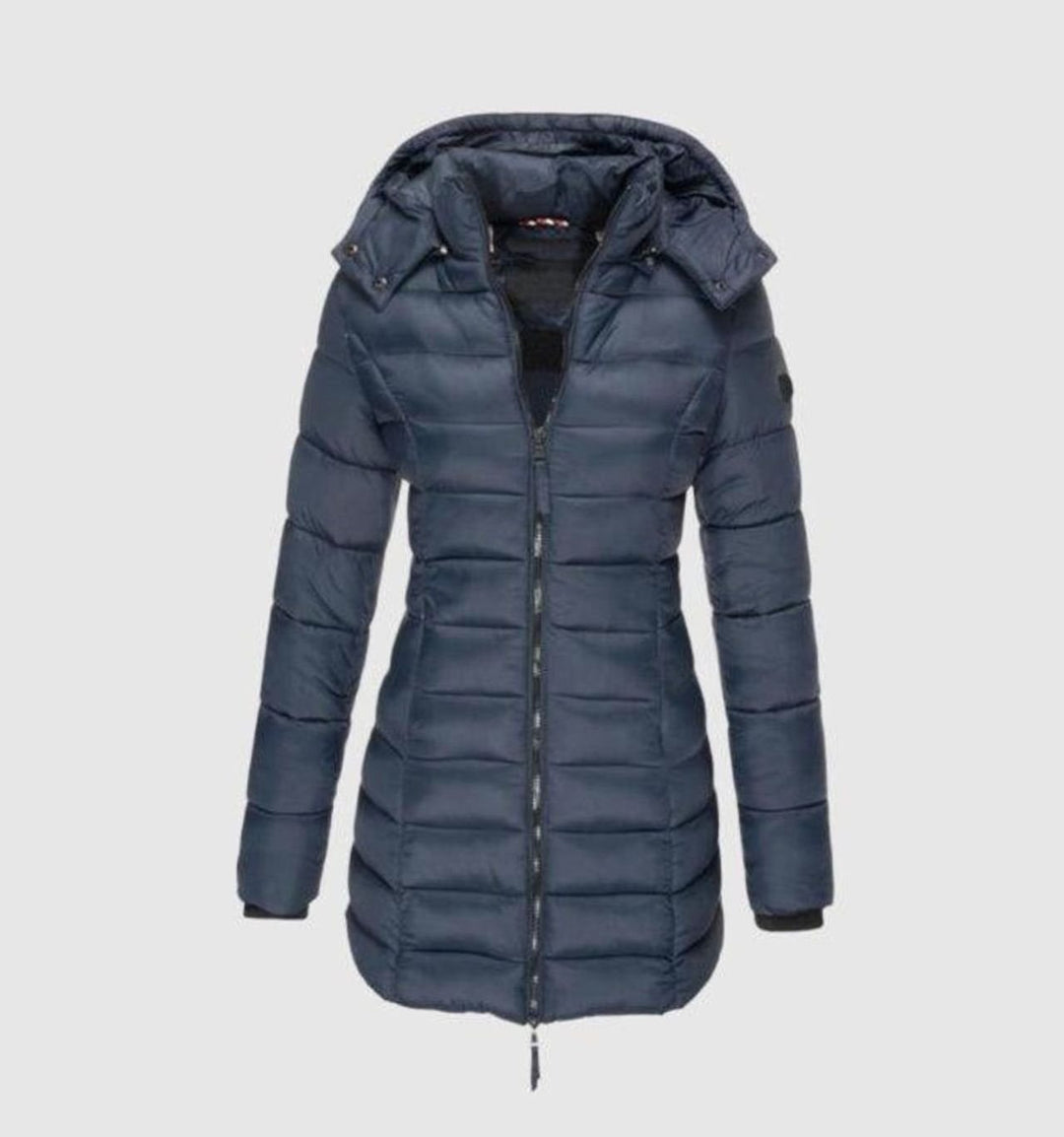 Winterjacke Damen Langer Gesteppter Mantel mit Kapuze - Blau