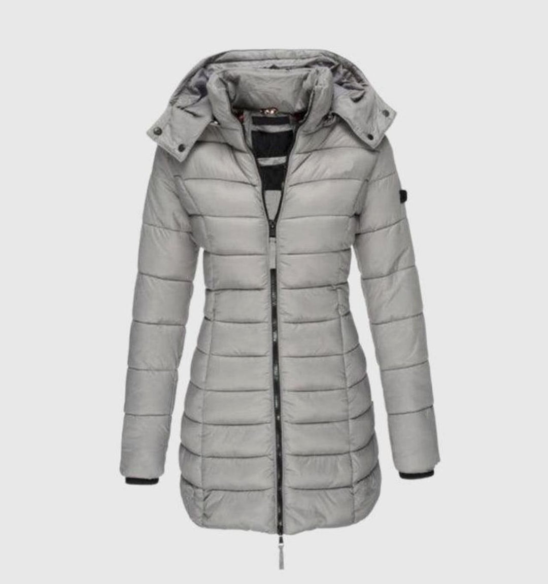 Winterjacke Damen Langer Gesteppter Mantel mit Kapuze - Grau