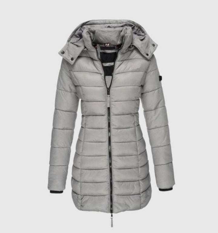 Winterjacke Damen Langer Gesteppter Mantel mit Kapuze - Grau