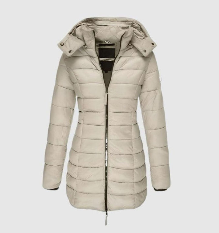 Winterjacke Damen Langer Gesteppter Mantel mit Kapuze - Beige