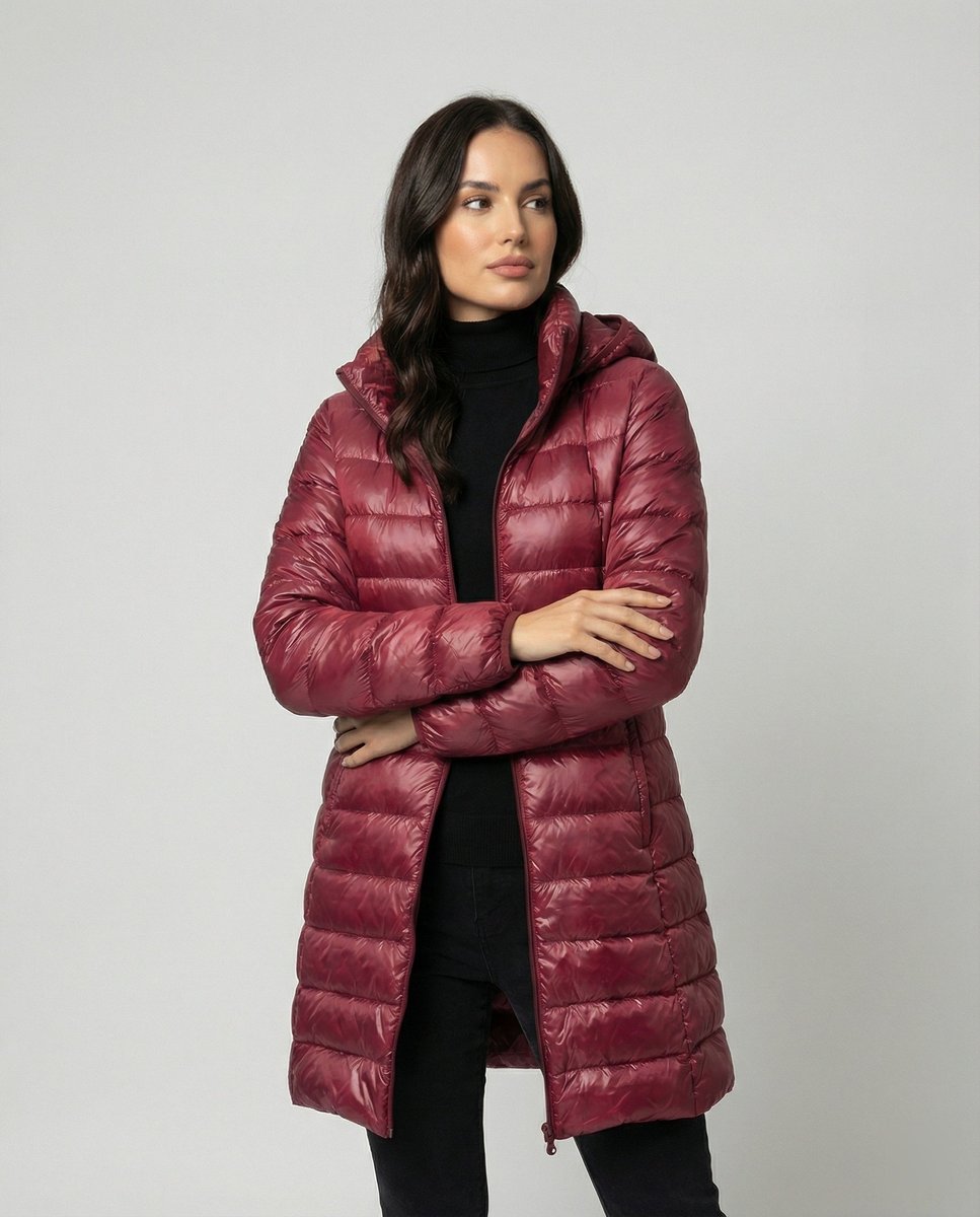 Winterjacke Damen Ultraleichte Slim-Fit Daunenjacke mit Kapuze - Burgunderrot