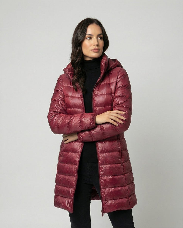 Winterjacke Damen Ultraleichte Slim-Fit Daunenjacke mit Kapuze - Burgunderrot