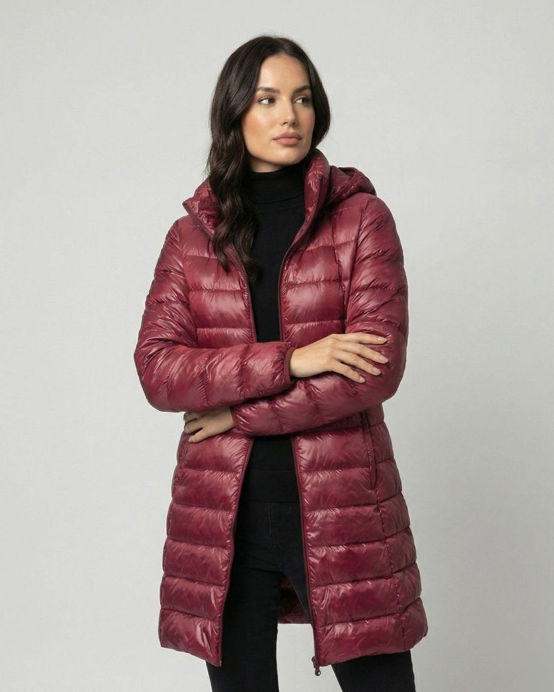 Winterjacke Damen Ultraleichte Slim-Fit Daunenjacke mit Kapuze - Burgunderrot