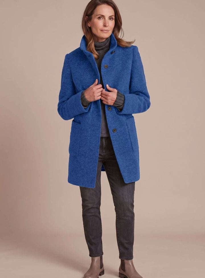 Wintermantel Damen klassischer Wollmisch-Mantel mit Stehkragen - Blau