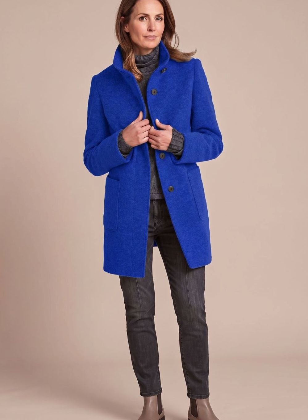 Wintermantel Damen klassischer Wollmisch-Mantel mit Stehkragen - Dunkelblau