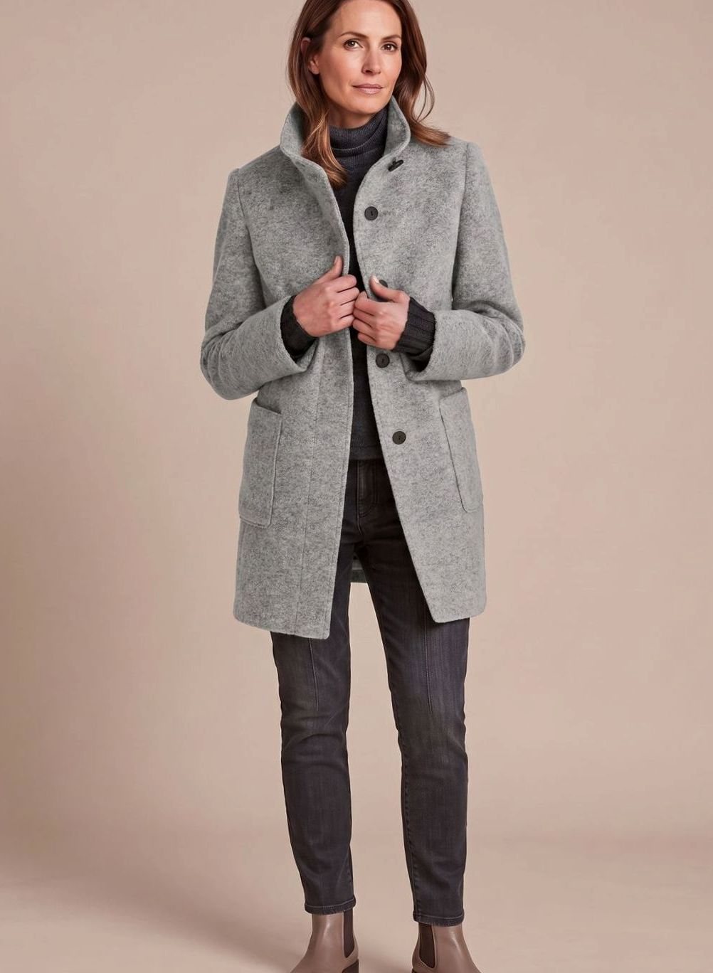 Wintermantel Damen klassischer Wollmisch-Mantel mit Stehkragen - Grau