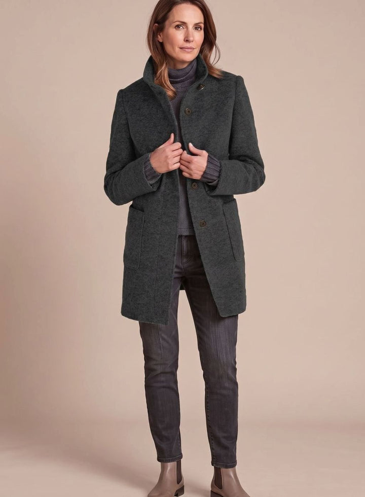 Wintermantel Damen klassischer Wollmisch-Mantel mit Stehkragen - Schwarz