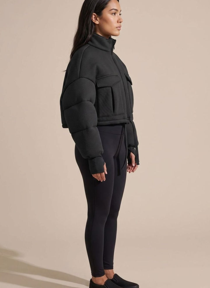 Wintermantel Damen Kurzjacke Reißverschluss Cargo-Taschen - Schwarz