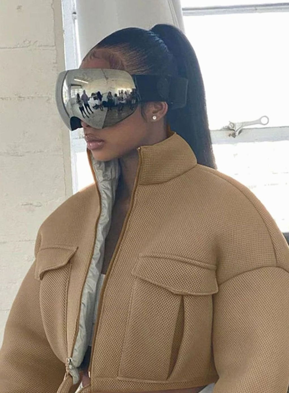 Wintermantel Damen Kurzjacke Reißverschluss Cargo-Taschen - Khaki