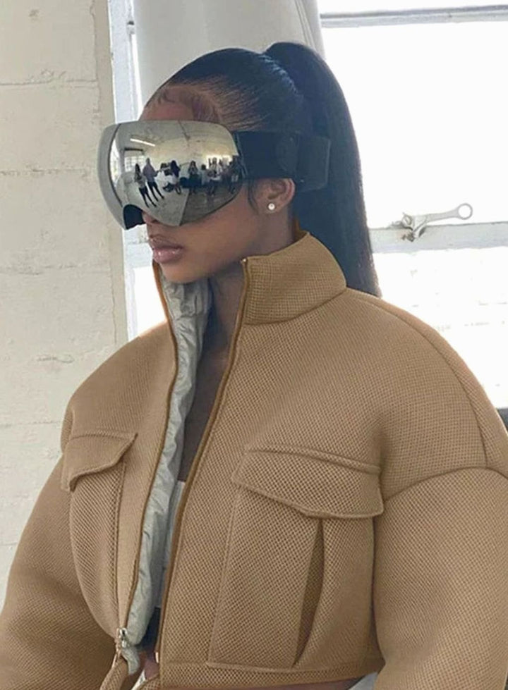 Wintermantel Damen Kurzjacke Reißverschluss Cargo-Taschen - Khaki