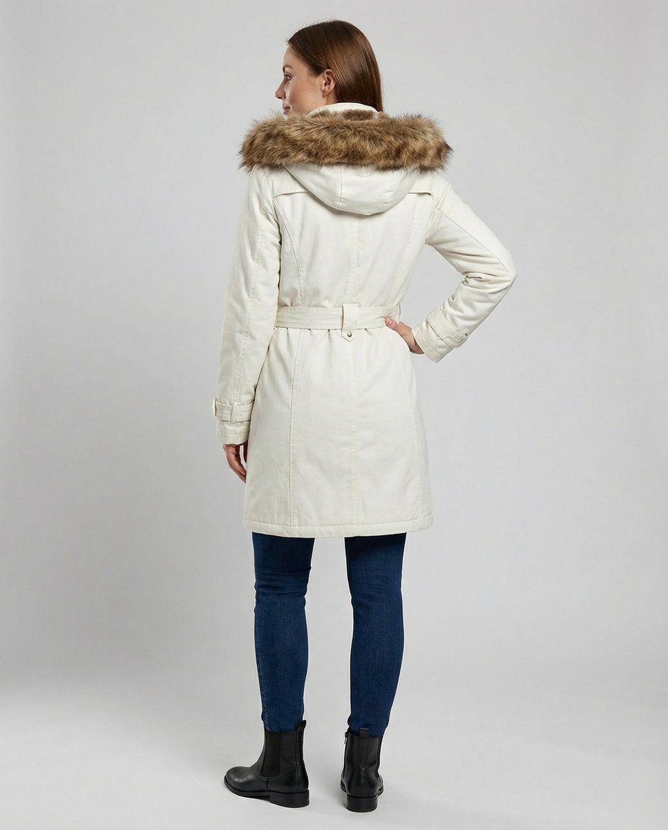 Wintermantel Damen Langer Gefütterter Parka mit Kunstfell-Kapuze