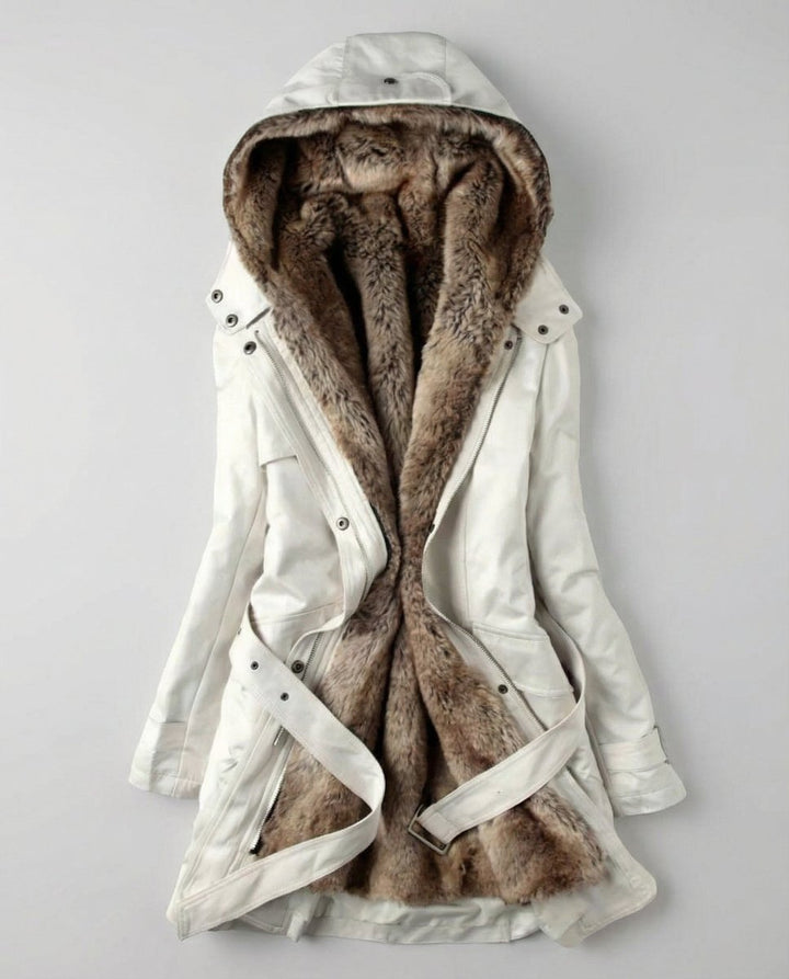 Wintermantel Damen Langer Gefütterter Parka mit Kunstfell-Kapuze - Beige