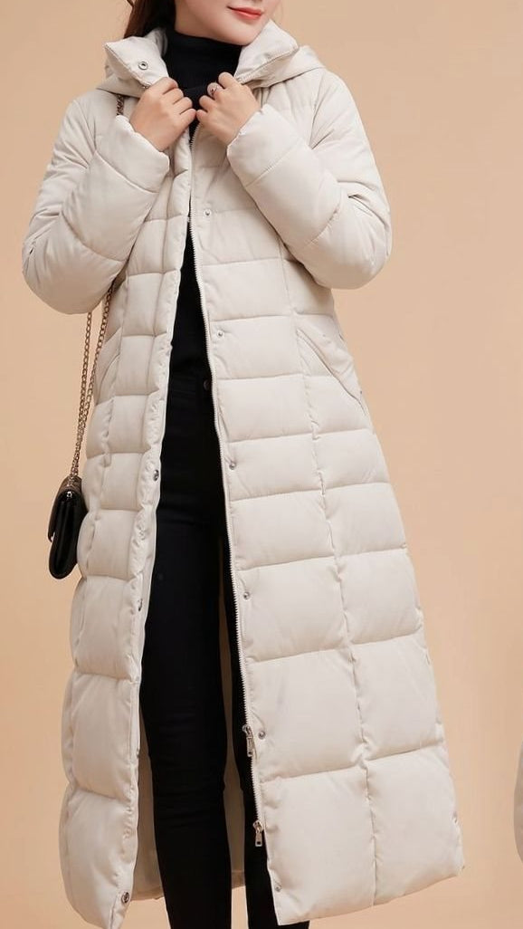 Wintermantel Damen Langer Gefütterter Steppmantel mit Kapuze Fellbesatz - Beige