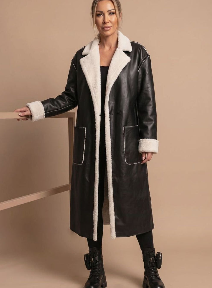Wintermantel Damen Langer Kunstleder Fleece-Mantel