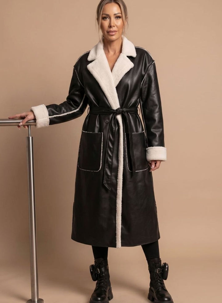 Wintermantel Damen Langer Kunstleder Fleece-Mantel