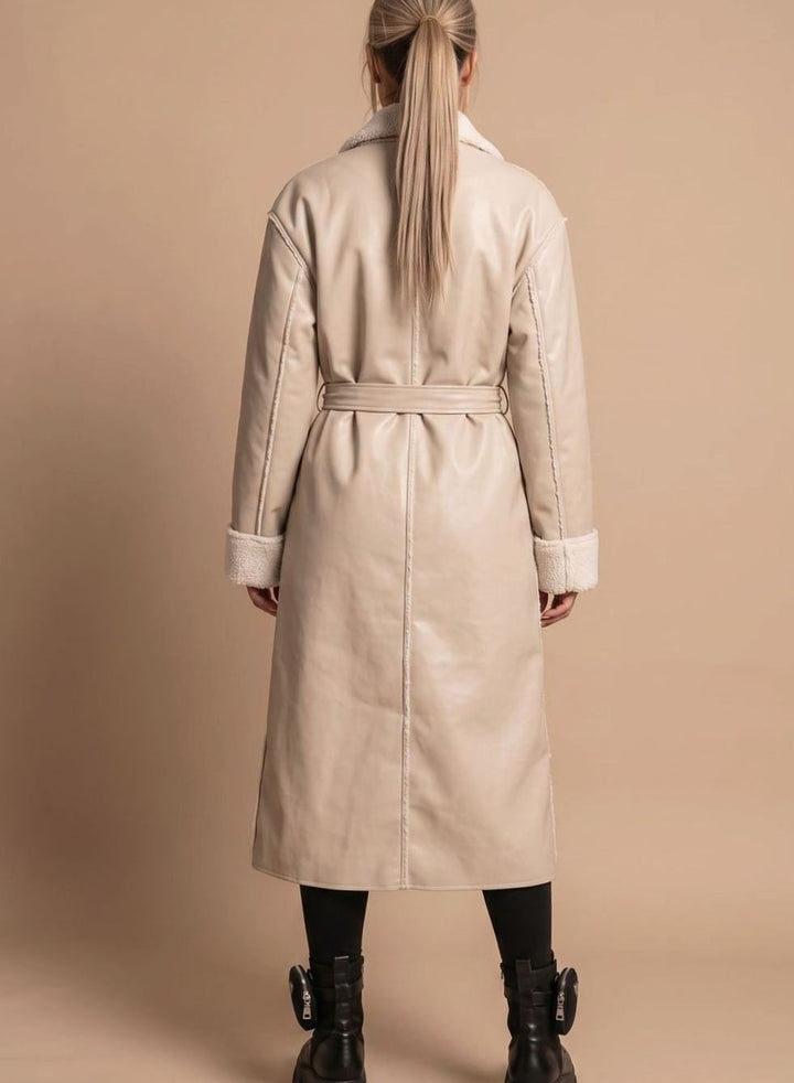 Wintermantel Damen Langer Kunstleder Fleece-Mantel