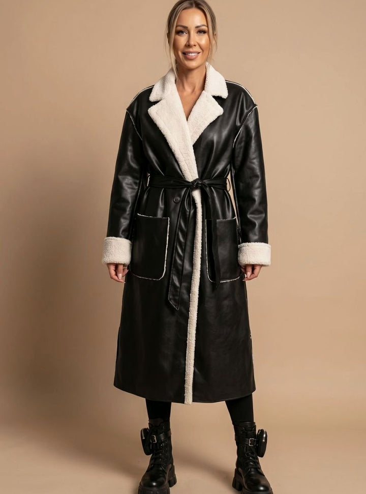 Wintermantel Damen Langer Kunstleder Fleece-Mantel - Schwarz