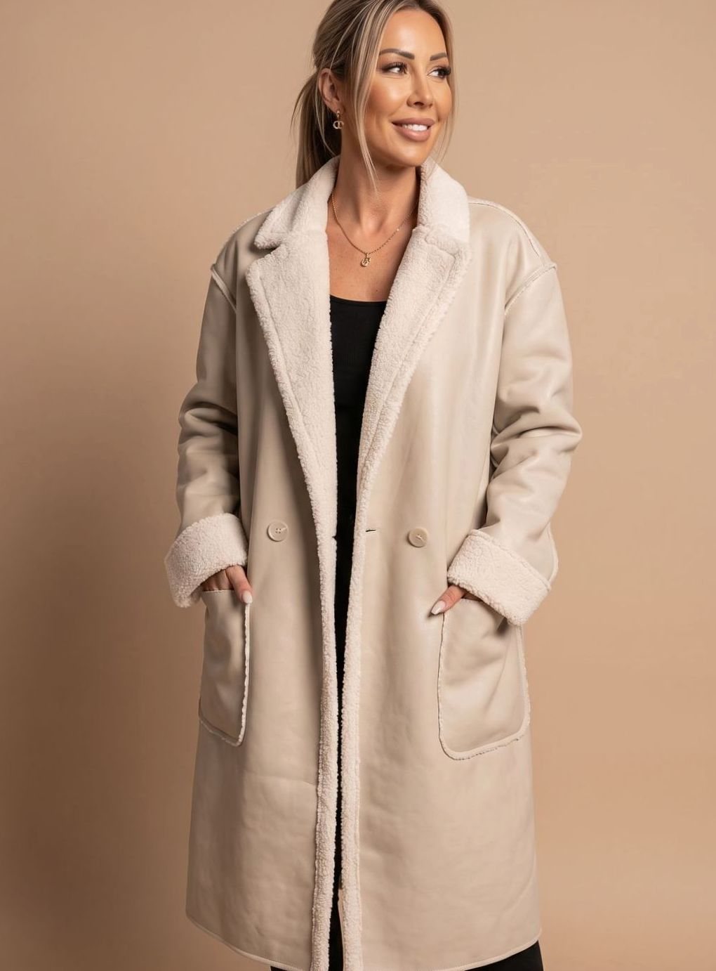 Wintermantel Damen Langer Kunstleder Fleece-Mantel - Weiß