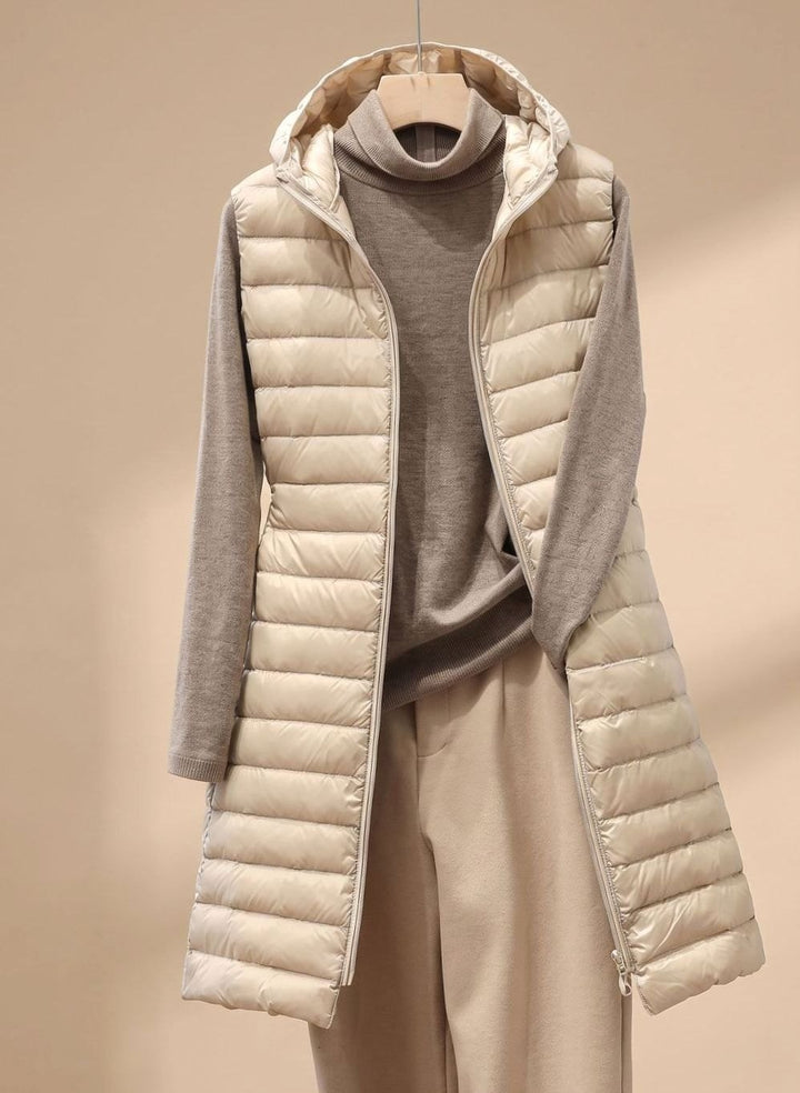 Wintermantel Damen Langer Ärmelloser Stepp-Parka mit Kapuze - Khaki