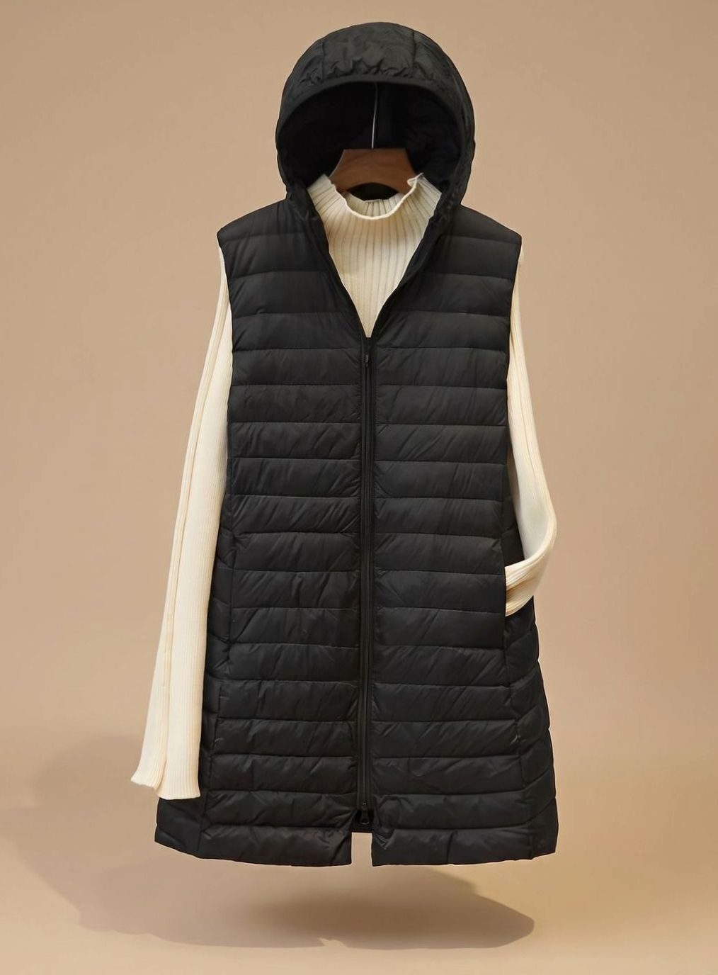 Wintermantel Damen Langer Ärmelloser Stepp-Parka mit Kapuze - Schwarz