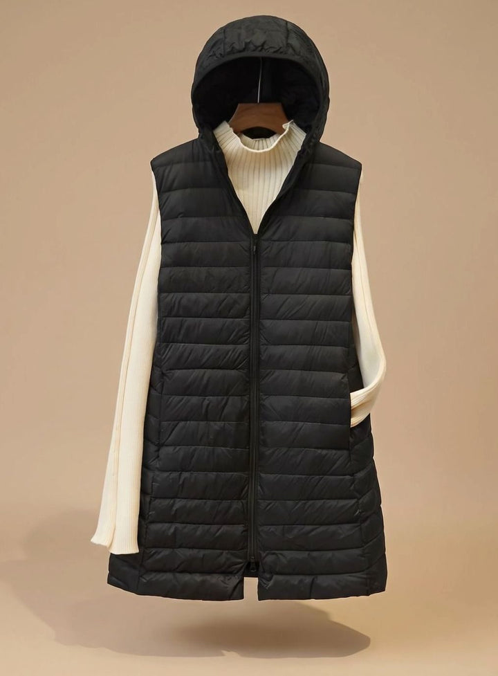 Wintermantel Damen Langer Ärmelloser Stepp-Parka mit Kapuze - Schwarz