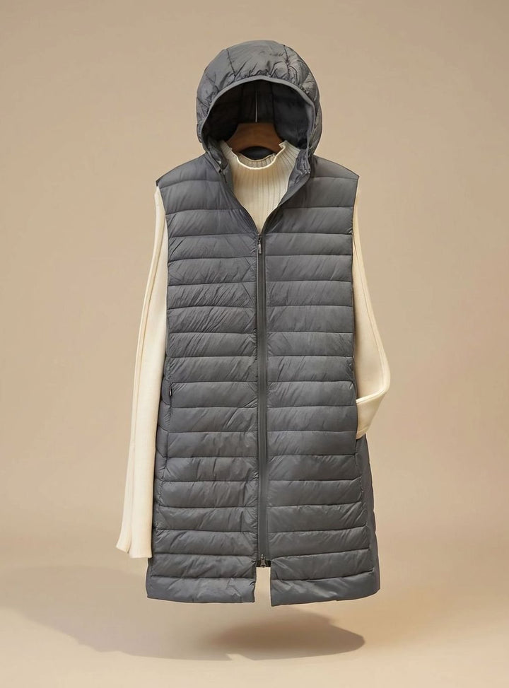 Wintermantel Damen Langer Ärmelloser Stepp-Parka mit Kapuze - Grau