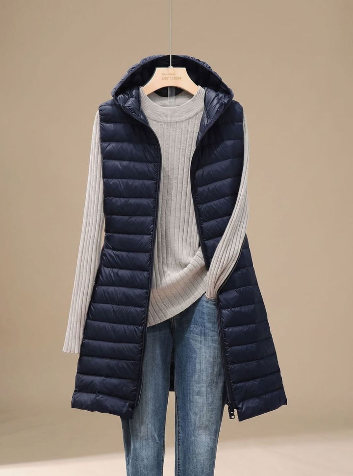 Wintermantel Damen Langer Ärmelloser Stepp-Parka mit Kapuze - Marineblau