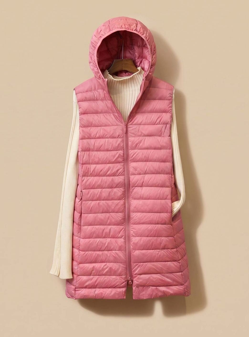 Wintermantel Damen Langer Ärmelloser Stepp-Parka mit Kapuze - Rosa