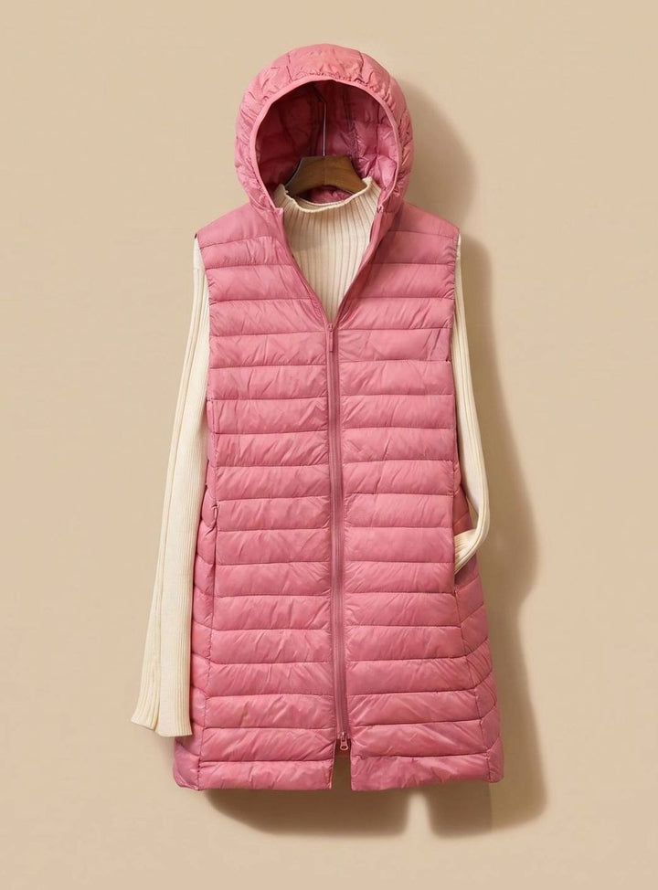 Wintermantel Damen Langer Ärmelloser Stepp-Parka mit Kapuze - Rosa