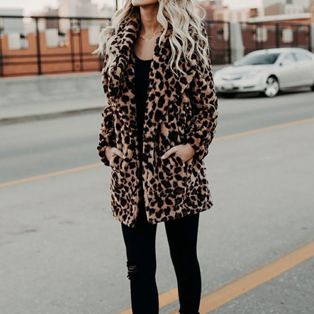 Wintermantel Damen Leopardenmuster Plüsch Kunstpelz Jacke