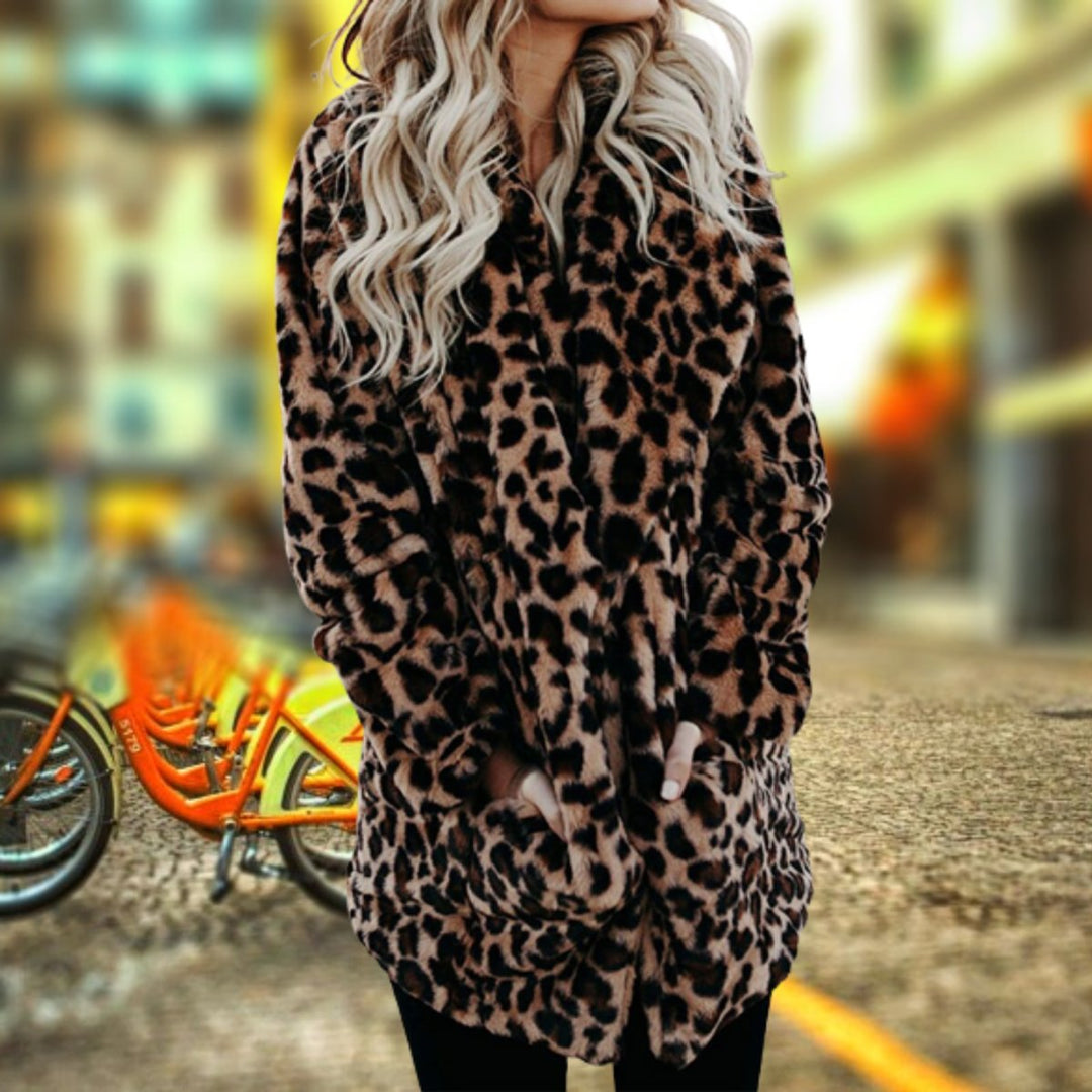 Wintermantel Damen Leopardenmuster Plüsch Kunstpelz Jacke