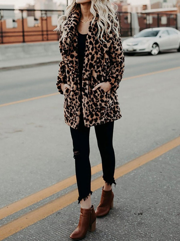 Wintermantel Damen Leopardenmuster Plüsch Kunstpelz Jacke