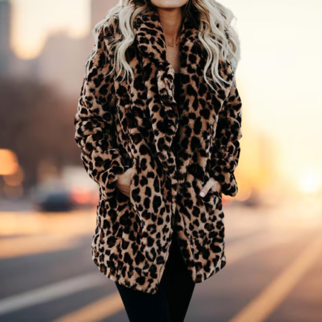 Wintermantel Damen Leopardenmuster Plüsch Kunstpelz Jacke - Leopardenmuster