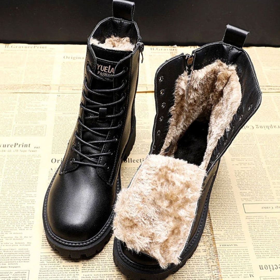 Winterstiefel Damen Warm Gefütterte Schnür-Stiefeletten Schwarz - Schwarz