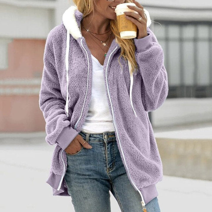 Wollmantel Damen Flauschiger Fleece Kapuzenmantel Reißverschluss - Flieder