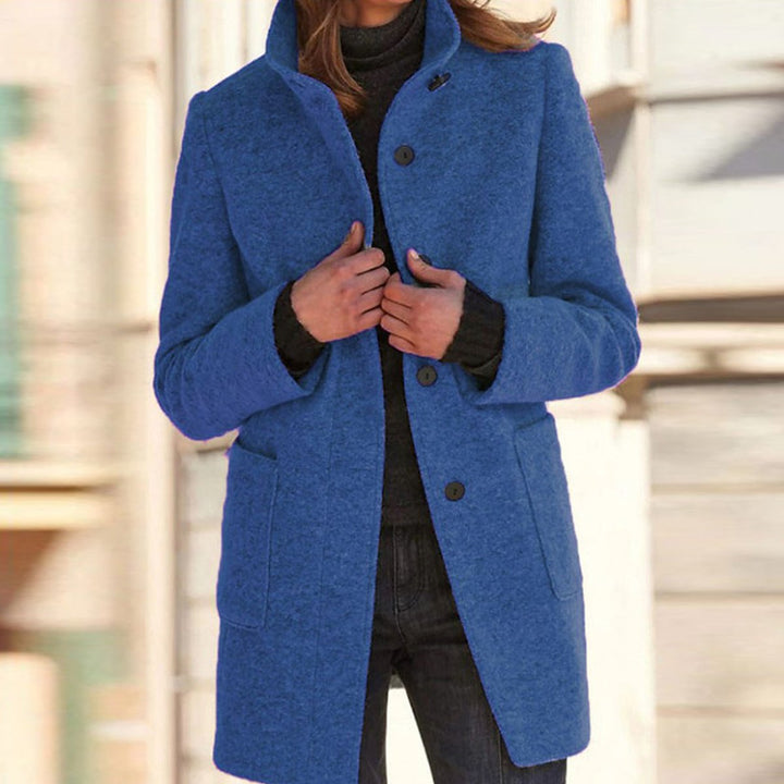 Wollmantel Damen Klassischer Wintermantel mit Stehkragen Knopfleiste - Blau