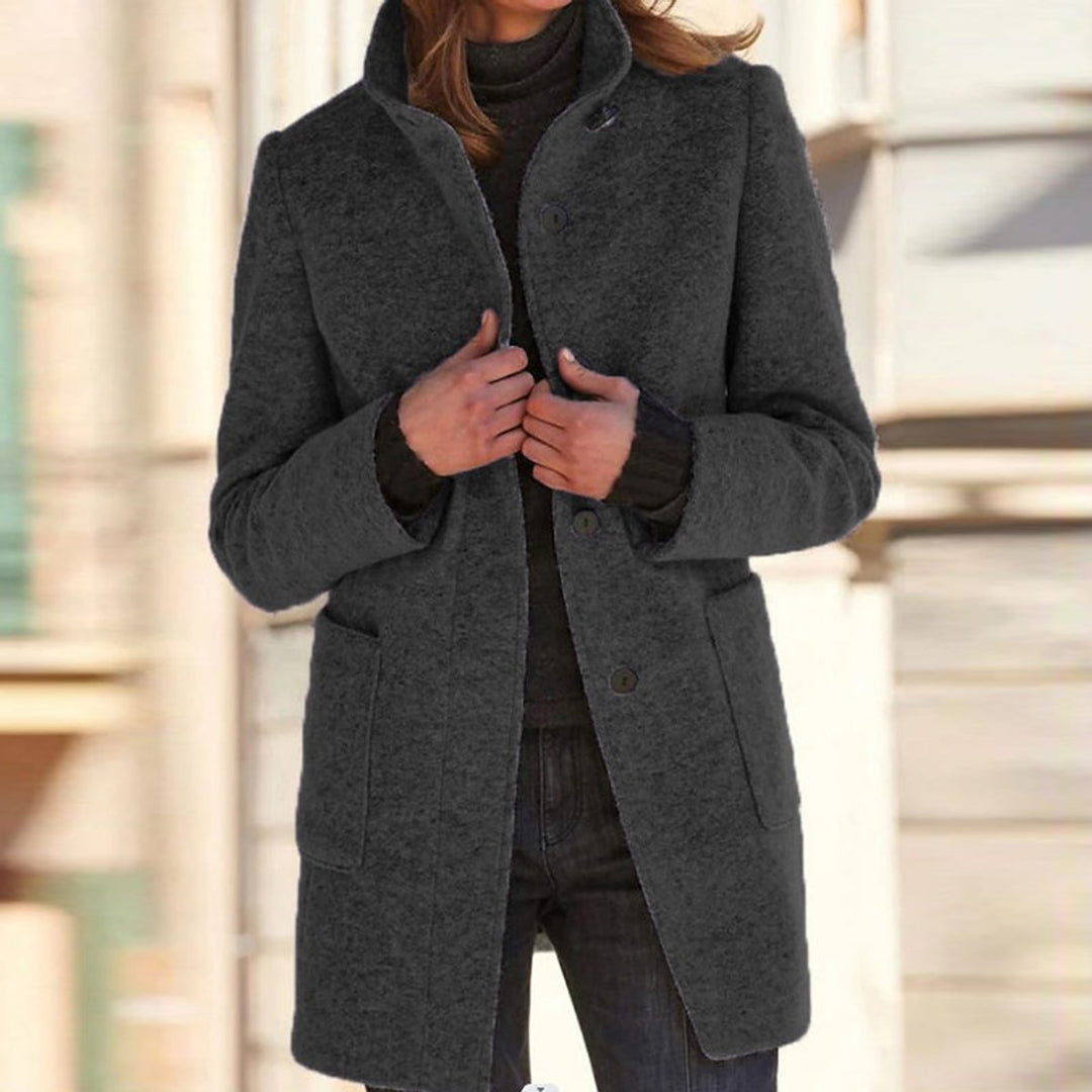 Wollmantel Damen Klassischer Wintermantel mit Stehkragen Knopfleiste - Schwarz