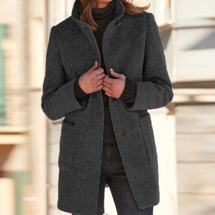 Wollmantel Damen Klassischer Wintermantel mit Stehkragen Knopfleiste - Schwarz