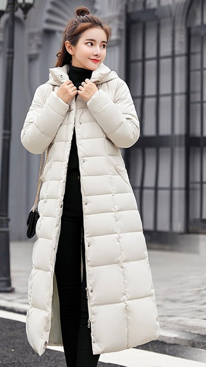 Wollmantel Damen Langer Gesteppter Wintermantel mit Fellkapuze - Beige
