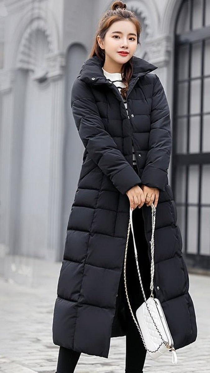 Wollmantel Damen Langer Gesteppter Wintermantel mit Fellkapuze - Schwarz