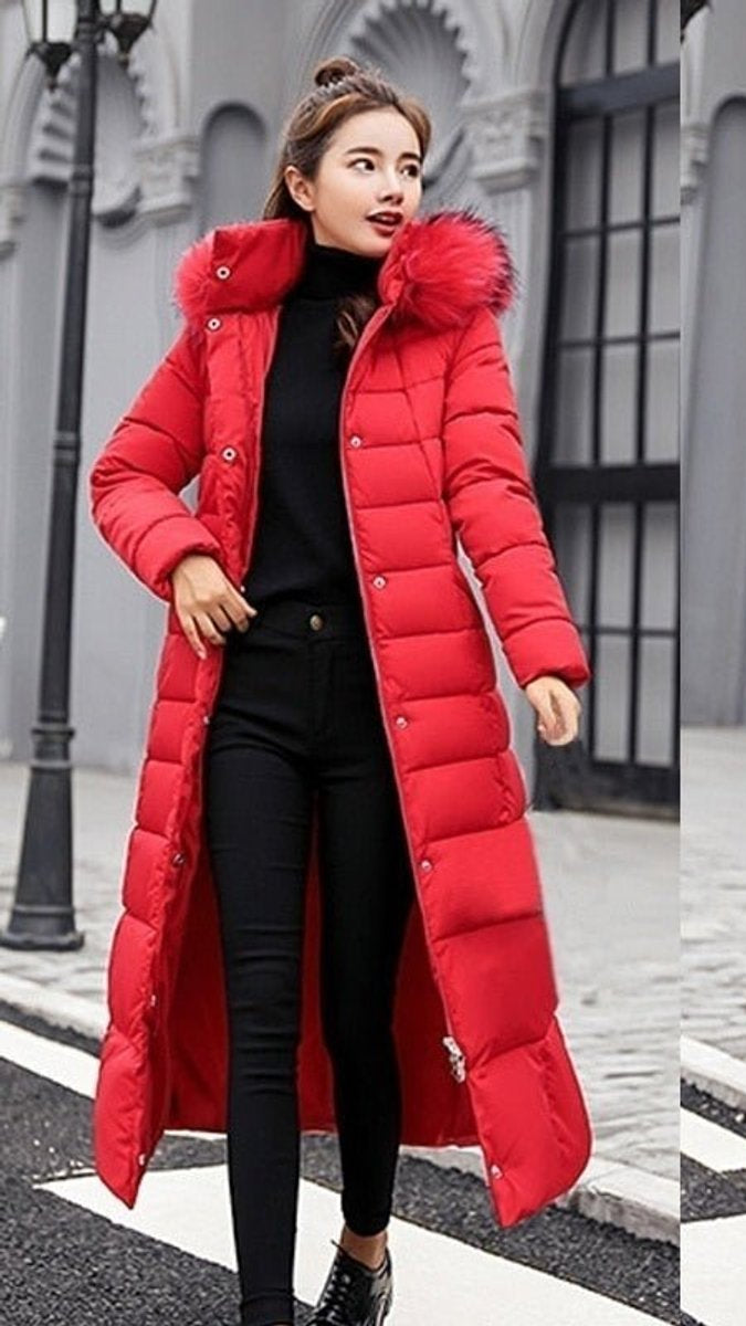 Wollmantel Damen Langer Gesteppter Wintermantel mit Fellkapuze - Rot