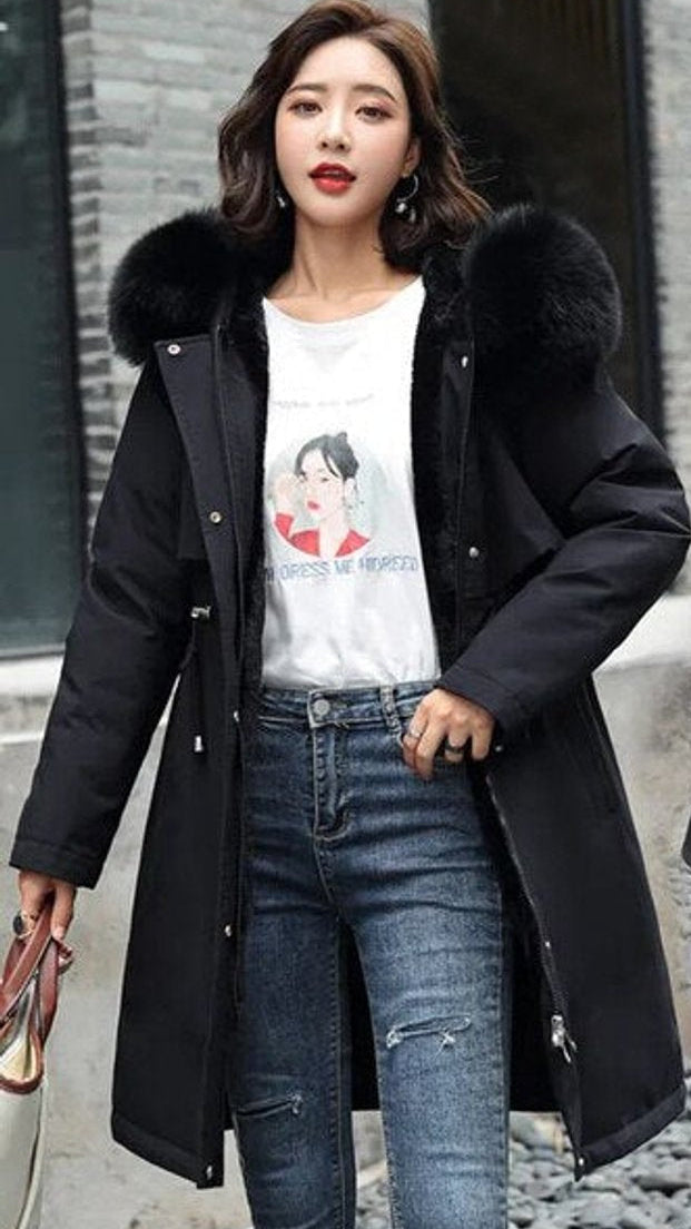 Wollmantel Damen Langer Parka Kapuze Kunstpelzkragen Wintermantel - Schwarz