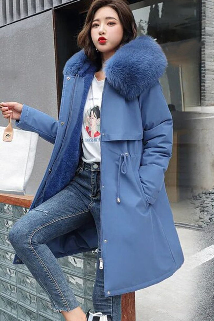 Wollmantel Damen Langer Parka Kapuze Kunstpelzkragen Wintermantel - Blau
