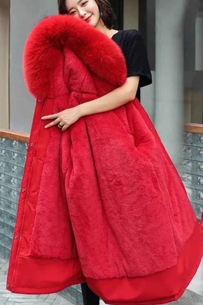 Wollmantel Damen Langer Parka Kapuze Kunstpelzkragen Wintermantel - Rot