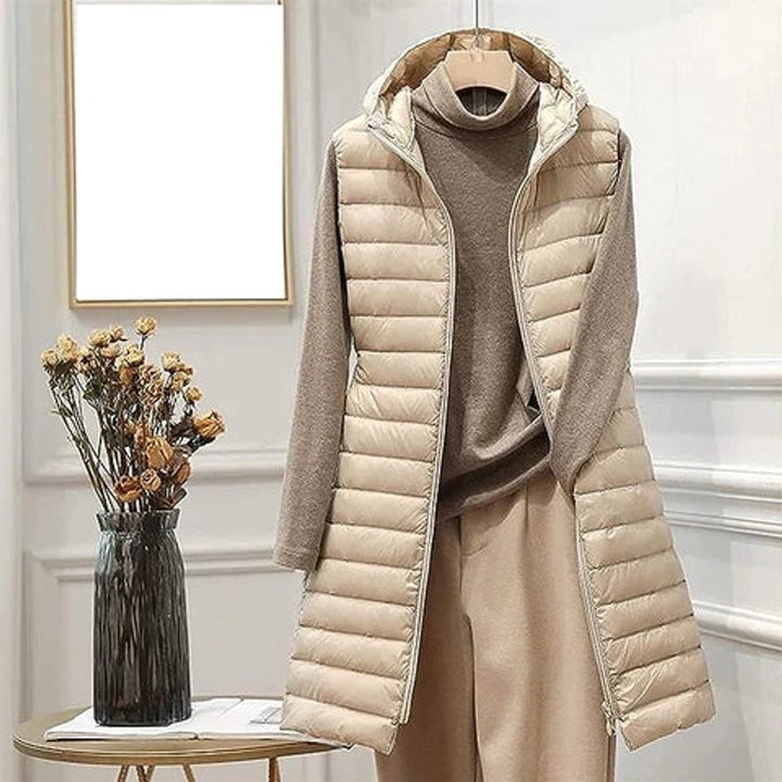 Wollmantel Damen Ärmellose Lange Steppweste mit Kapuze - Khaki