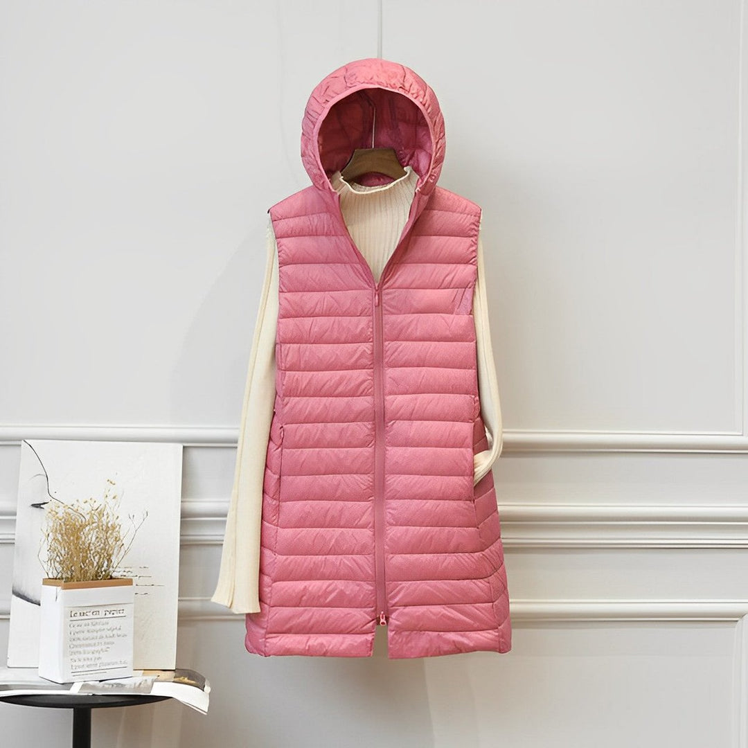 Wollmantel Damen Ärmellose Lange Steppweste mit Kapuze - Rosa