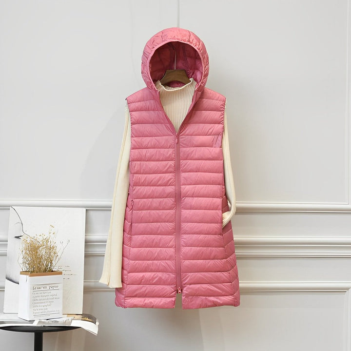 Wollmantel Damen Ärmellose Lange Steppweste mit Kapuze - Rosa